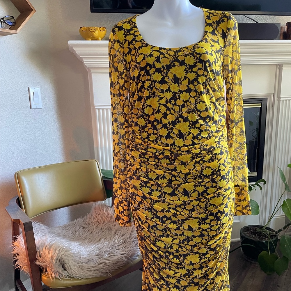 Yellow and black over the knee ganni dress